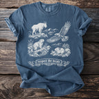 Comfort Colors t-shirt featuring a mountain goat, eagle, marmot, and pika with "respect the locals" banner.