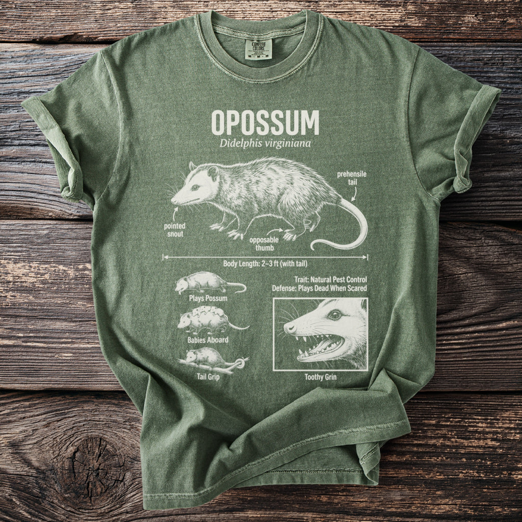 Green t-shirt featuring an anatomical illustration of an opossum with various labeled features.