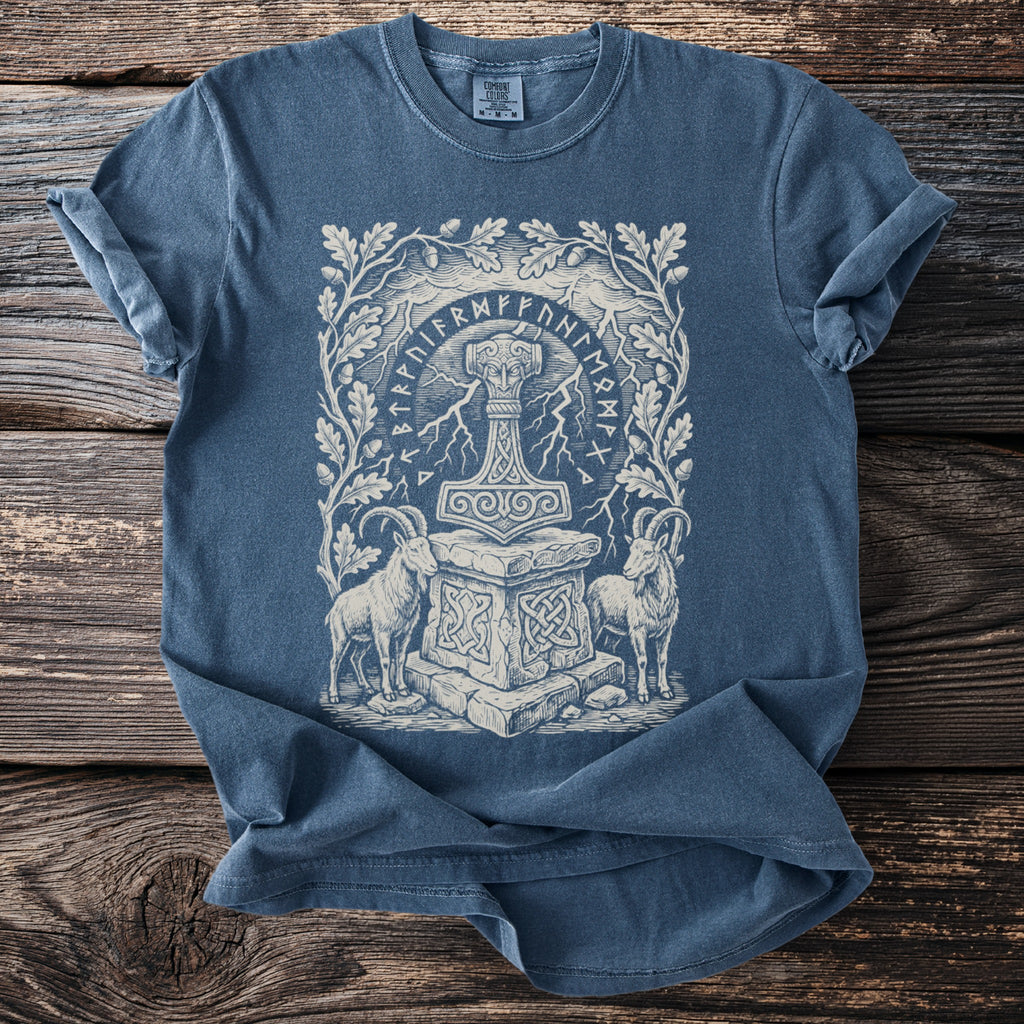 Blue t-shirt with Thor's hammer, goats, oak branches, and runes.