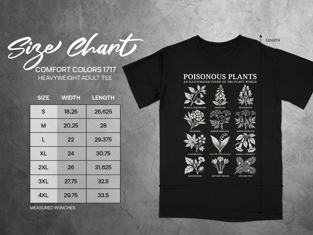 Black t-shirt with size chart and poisonous plants illustration on the front.