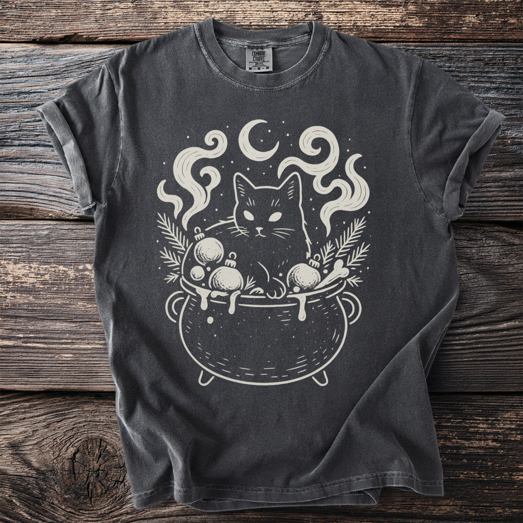 Black cat in a cauldron with ornaments, celestial elements, and sprigs.
