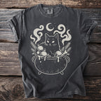 Black cat in a cauldron with ornaments, celestial elements, and sprigs.