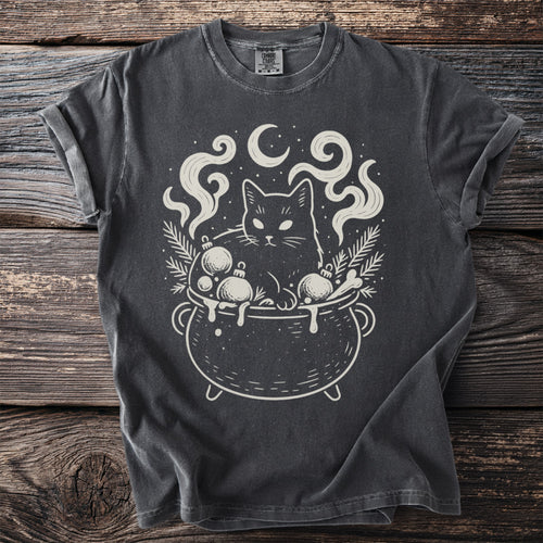 Black cat in a cauldron with ornaments, celestial elements, and sprigs.