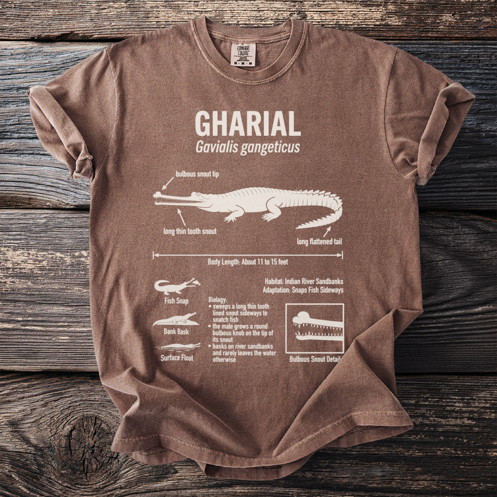 Brown t-shirt with Gharial diagram, scientific name, length, habitat, and biology.