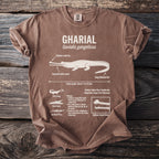 Brown t-shirt with Gharial diagram, scientific name, length, habitat, and biology.