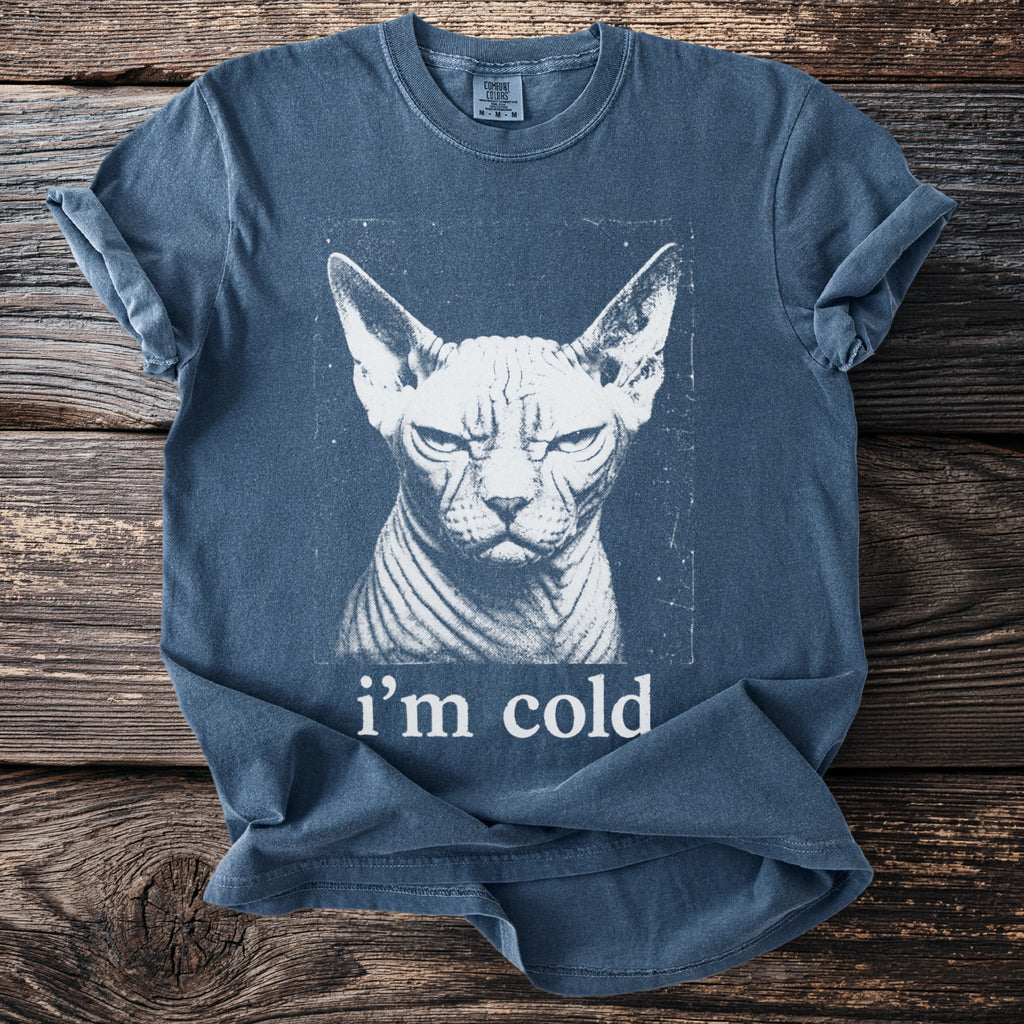 Blue t-shirt with a white print of a grumpy Sphynx cat and the text "i'm cold".
