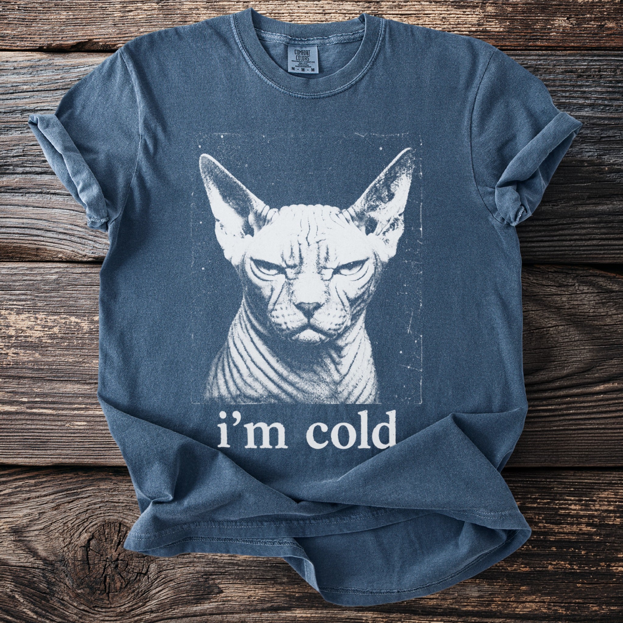 Blue t-shirt with a white print of a grumpy Sphynx cat and the text "i'm cold".