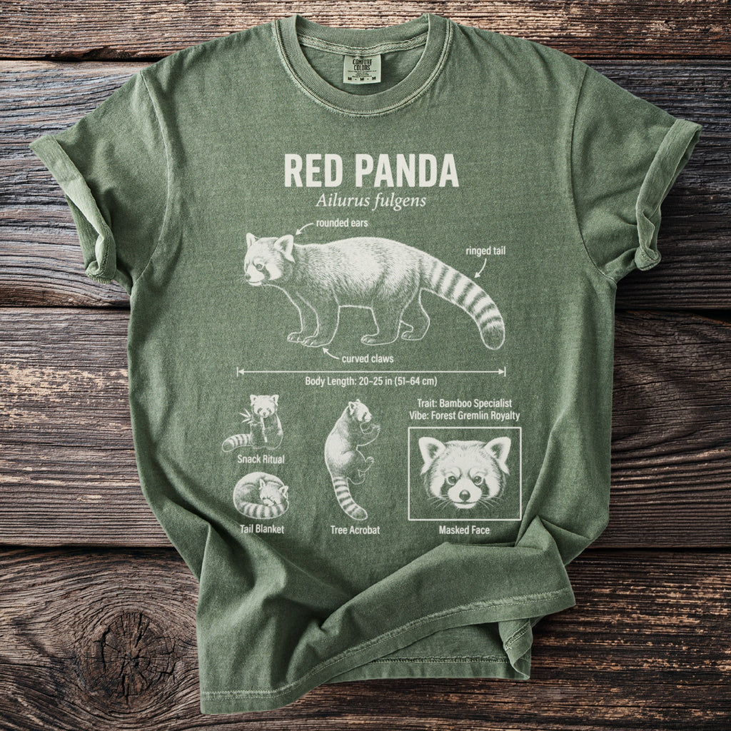 Green t-shirt with white print of red panda facts and illustrations.