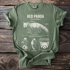 Green t-shirt with white print of red panda facts and illustrations.