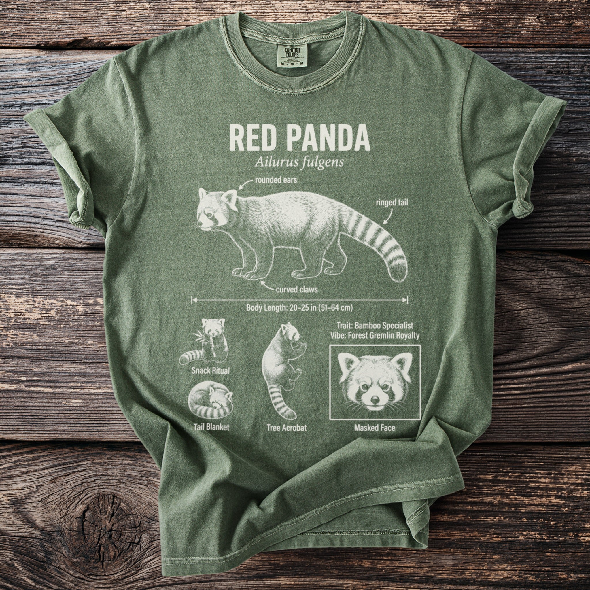 Green t-shirt with white print of red panda facts and illustrations.