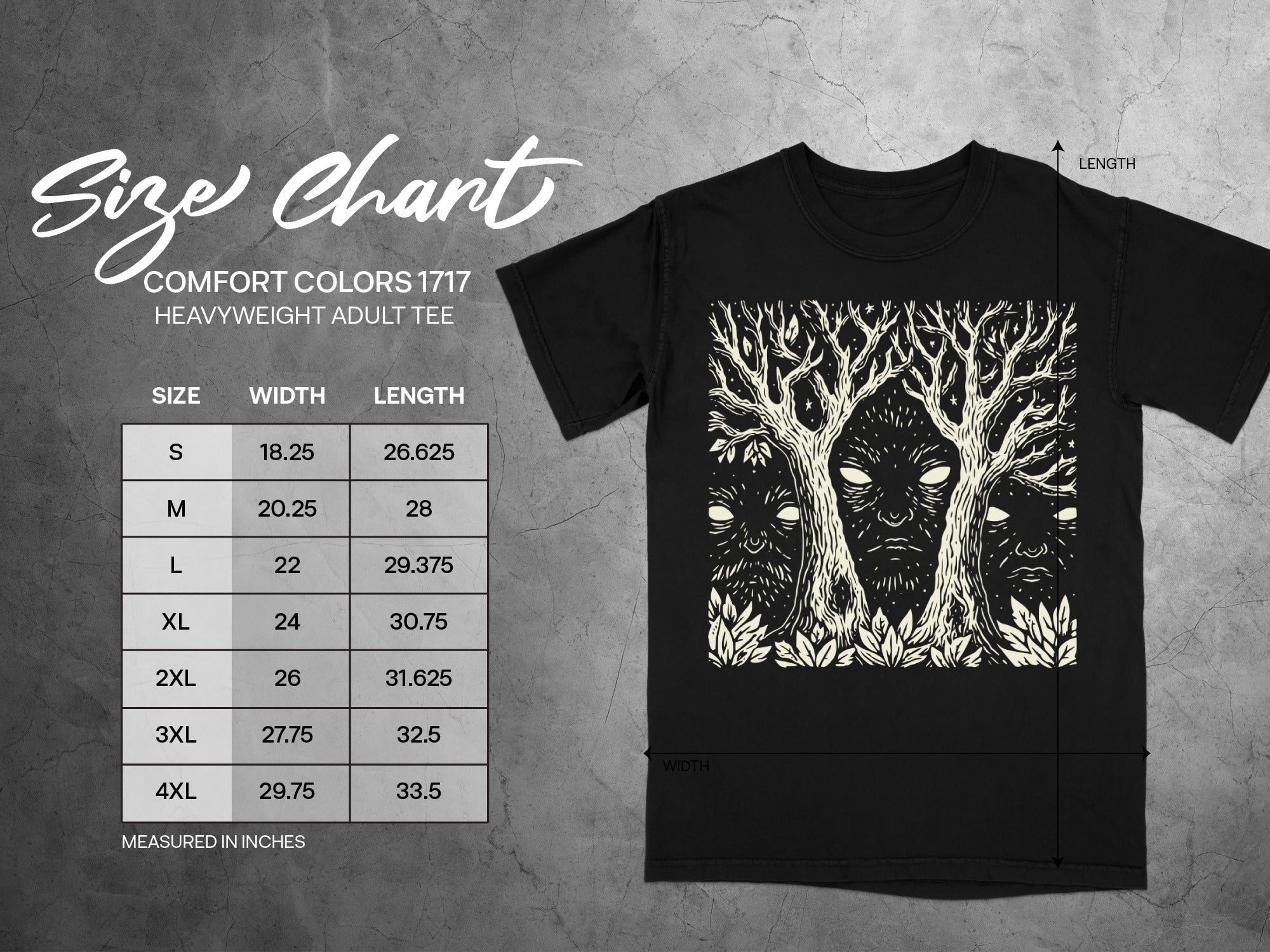 Comfort Colors 1717 adult heavyweight t-shirt size chart with width and length measurements.