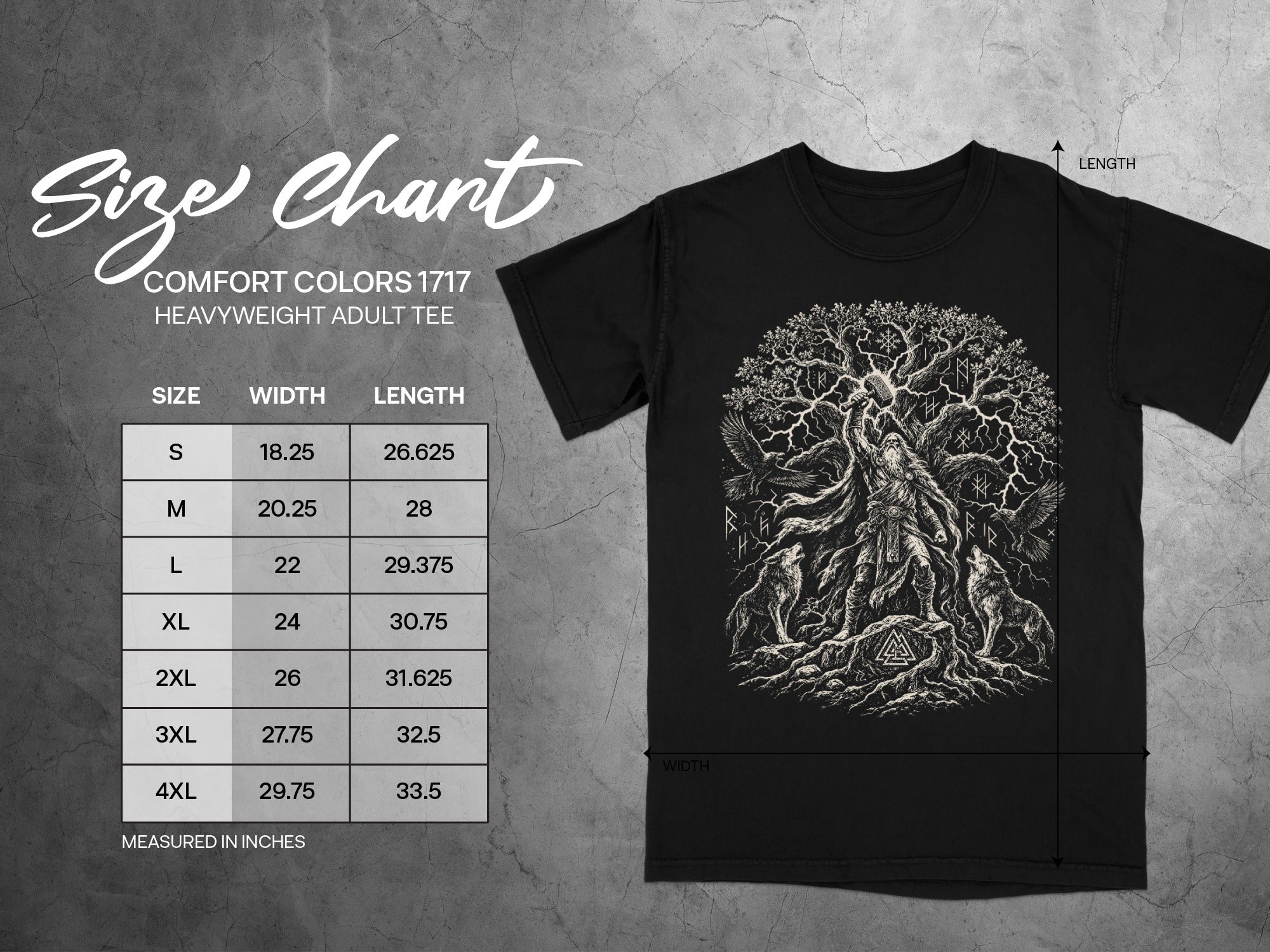 Comfort Colors 1717 adult tee size chart with width and length measurements in inches.