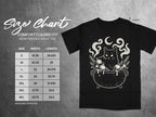 Comfort Colors 1717 heavyweight adult tee size chart with feline graphic.