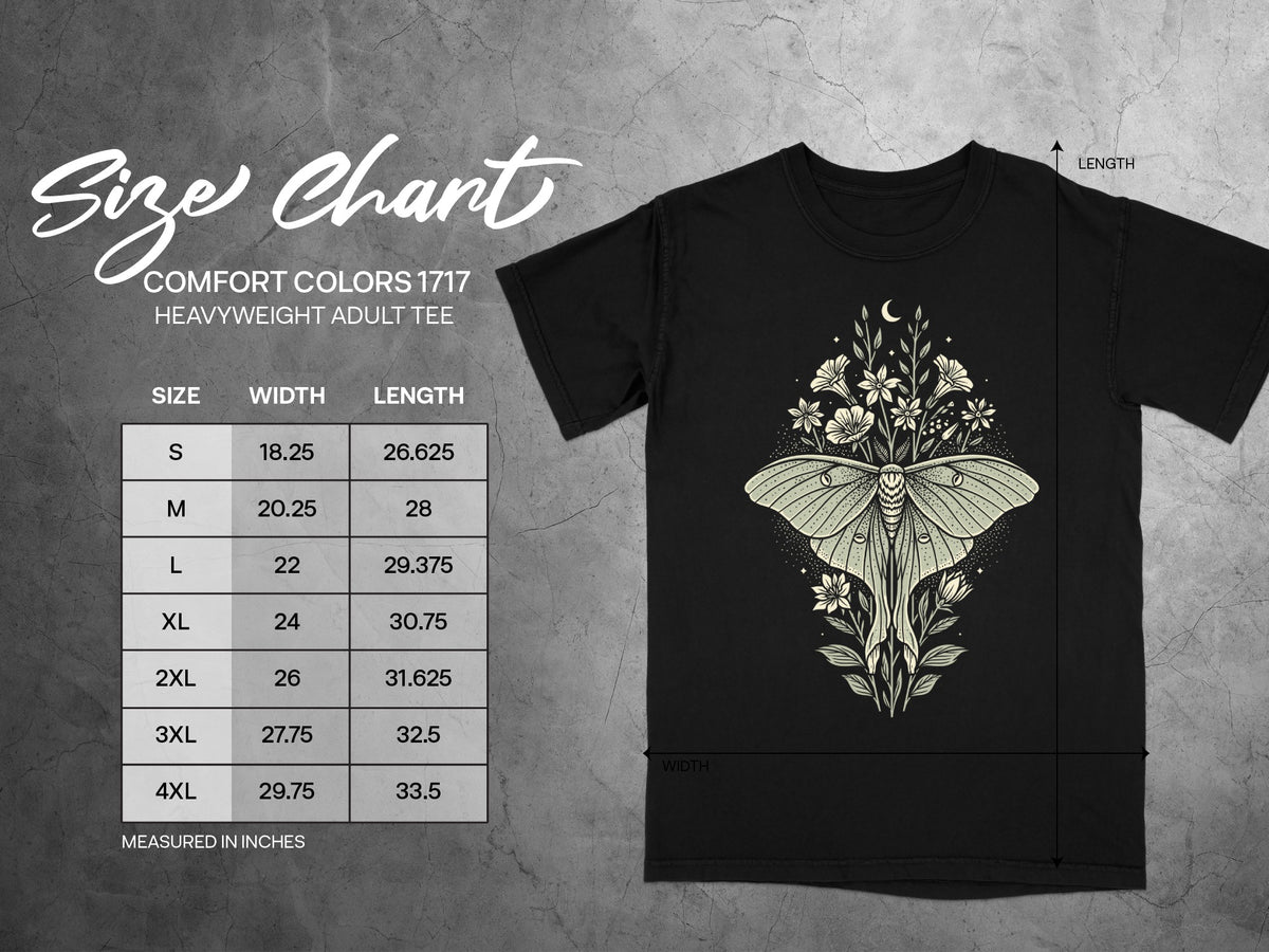 Comfort Colors 1717 adult tee size chart with measurements in inches.