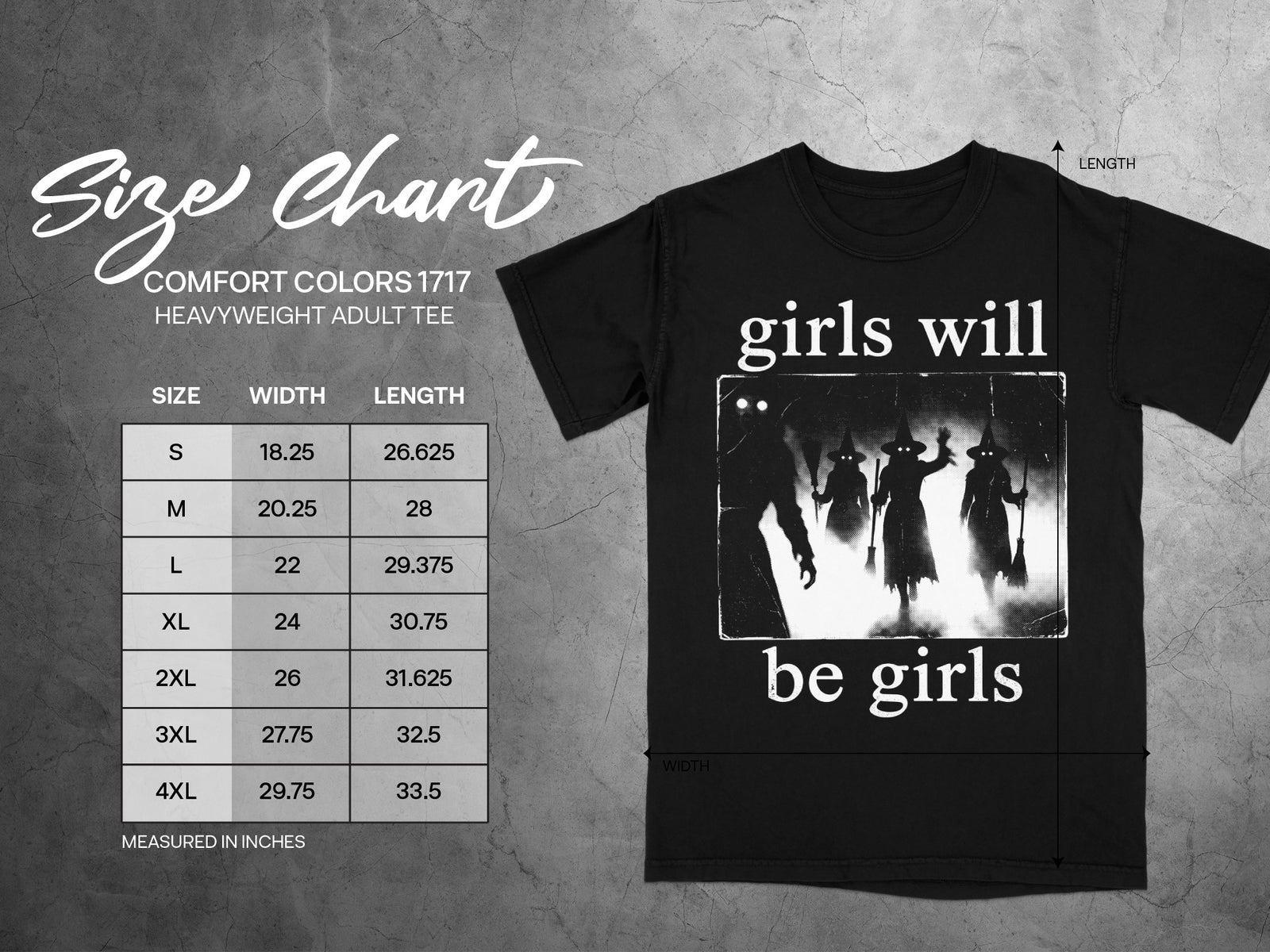 Black t-shirt with "girls will be girls" graphic and size chart.