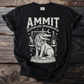 Black t-shirt with "AMMIT EGYPTIAN SOUL DEVOURER MYTH" text and Ammit creature illustration.
