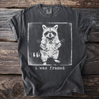 Gray t-shirt with a black and white graphic of a raccoon with text "i was framed."