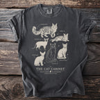 T-shirt printed with an illustration of six cat breeds, "The Cat Cabinet."