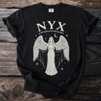 Black t-shirt with NYX greek night primordial goddess graphic of winged figure holding crescent moon.