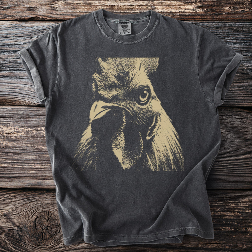 Dark gray t-shirt with a tan rooster graphic and Comfort Colors label.