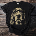 Black t-shirt with a beige basset hound wearing glasses graphic.