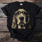 Black t-shirt with a beige basset hound wearing glasses graphic.