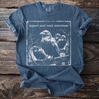 T-shirt with four ravens on a branch and text "support your local unkindness."
