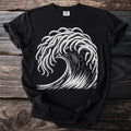 Black t-shirt with white graphic of kraken tentacles and a wave.