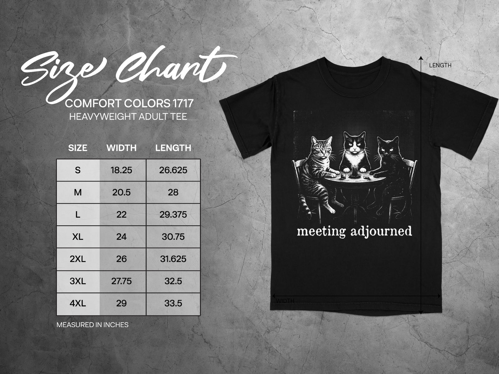Black t-shirt with "meeting adjourned" graphic and size chart measurements for Comfort Colors 1717.