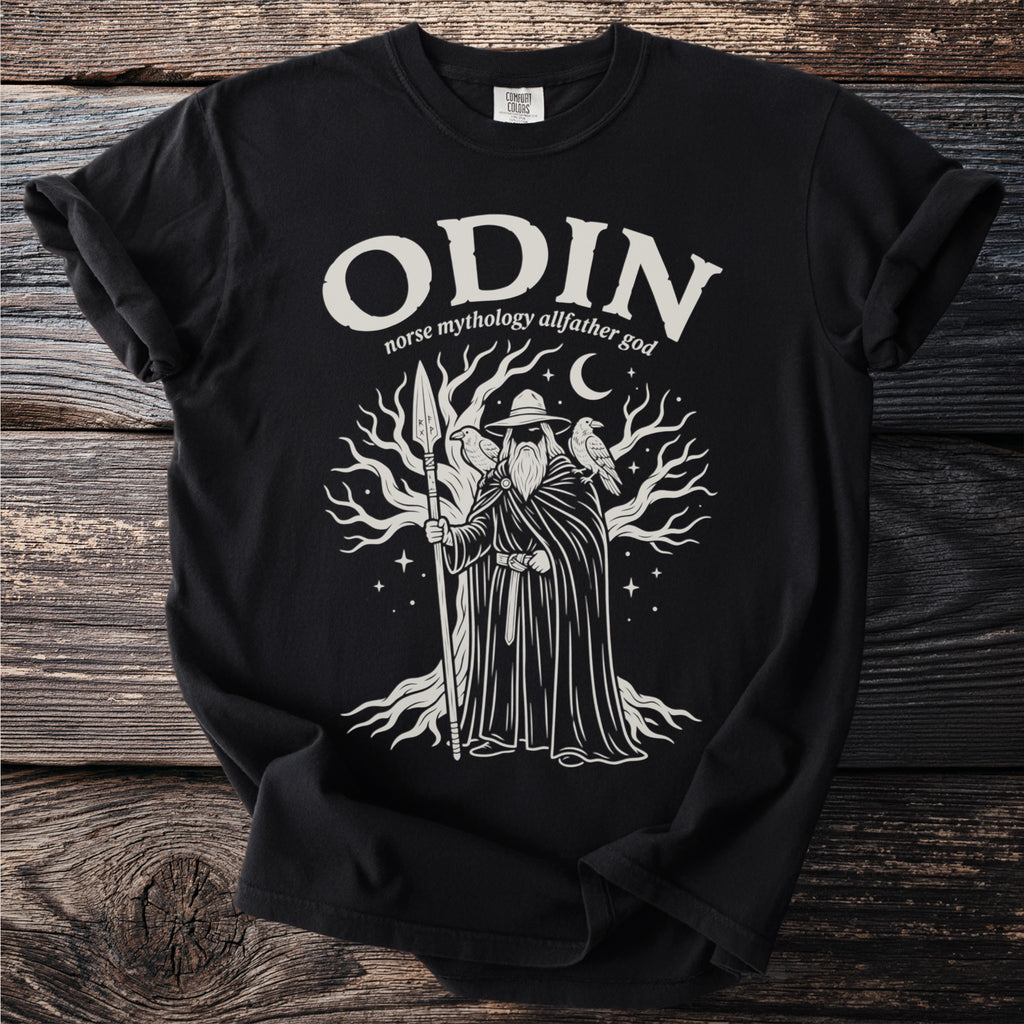 Black t-shirt with "ODIN norse mythology allfather god" and illustration.
