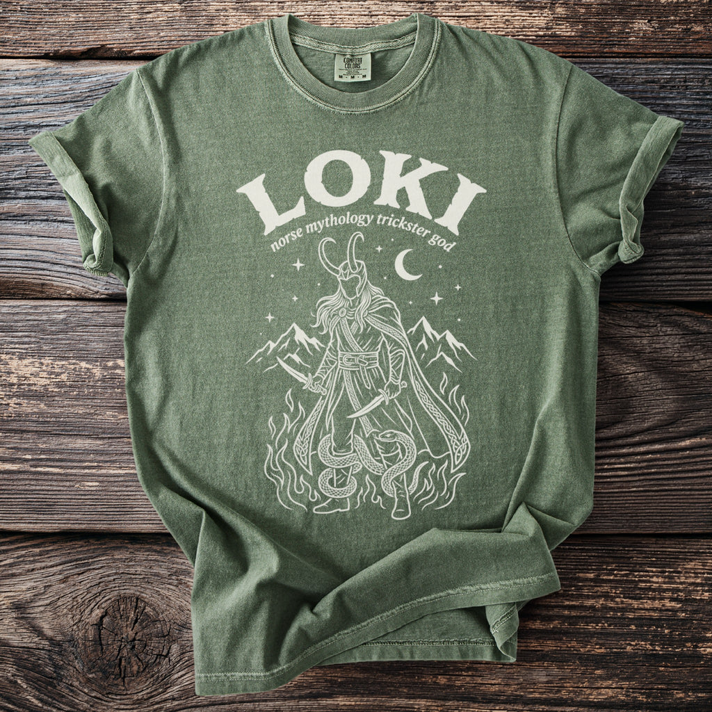 Green t-shirt with Loki, Norse mythology trickster god, illustration.