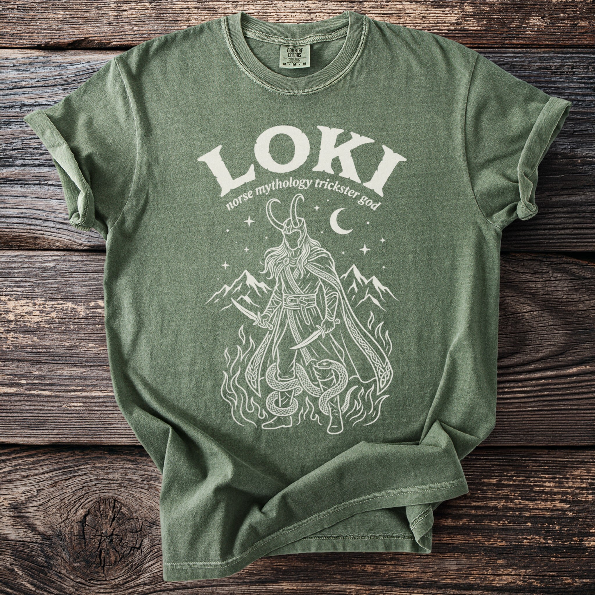 Green t-shirt with Loki, Norse mythology trickster god, illustration.