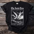 Black t-shirt with white graphic of an Arctic Tern in flight over stormy seas.