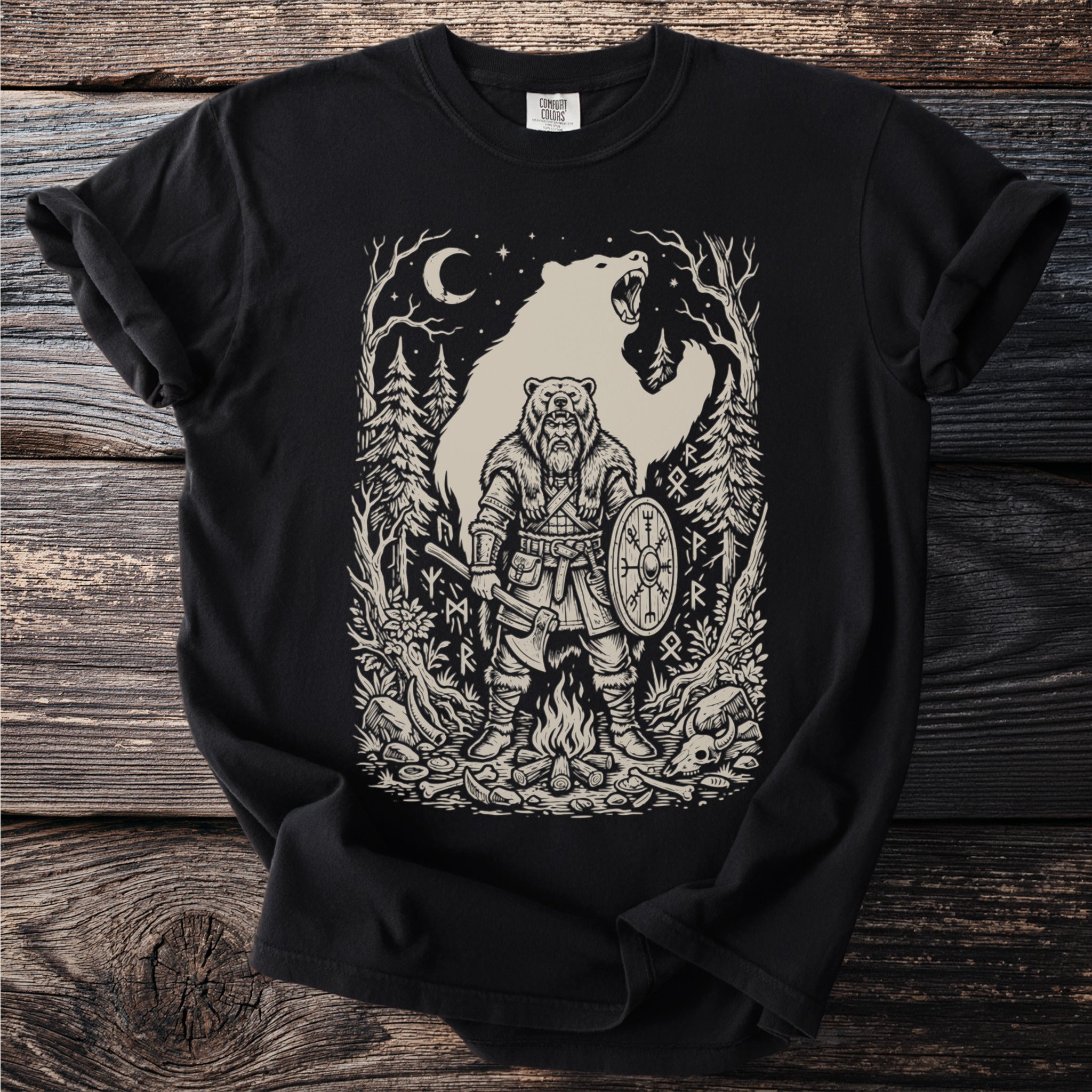 Viking warrior in forest with bear, axe, shield, and runes.