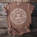 T-shirt with white circular design of sea creatures and text "LOVE THE UNLOVED".