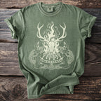 Green t-shirt with a light print of a deer skull, snakes, and robed figures around a circle.