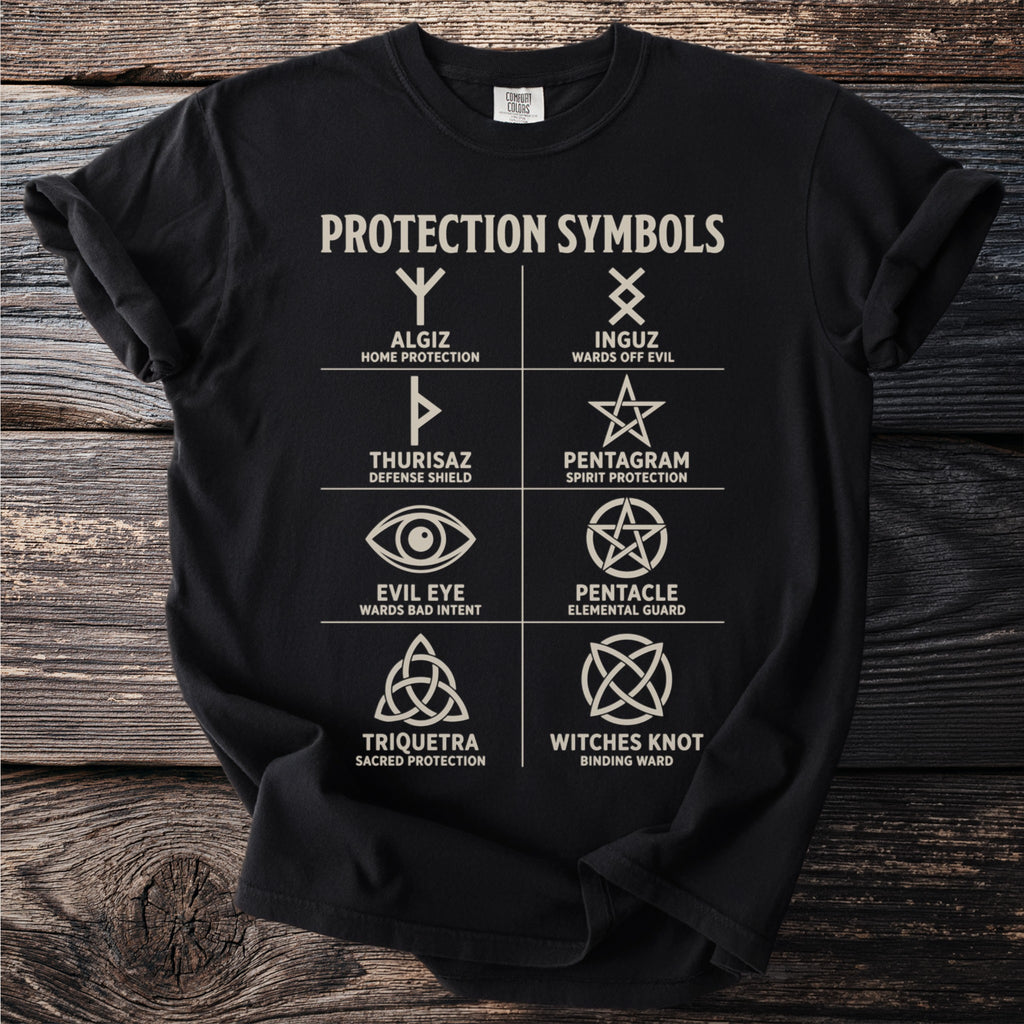 Black t-shirt displaying six protection symbols with their names and meanings.