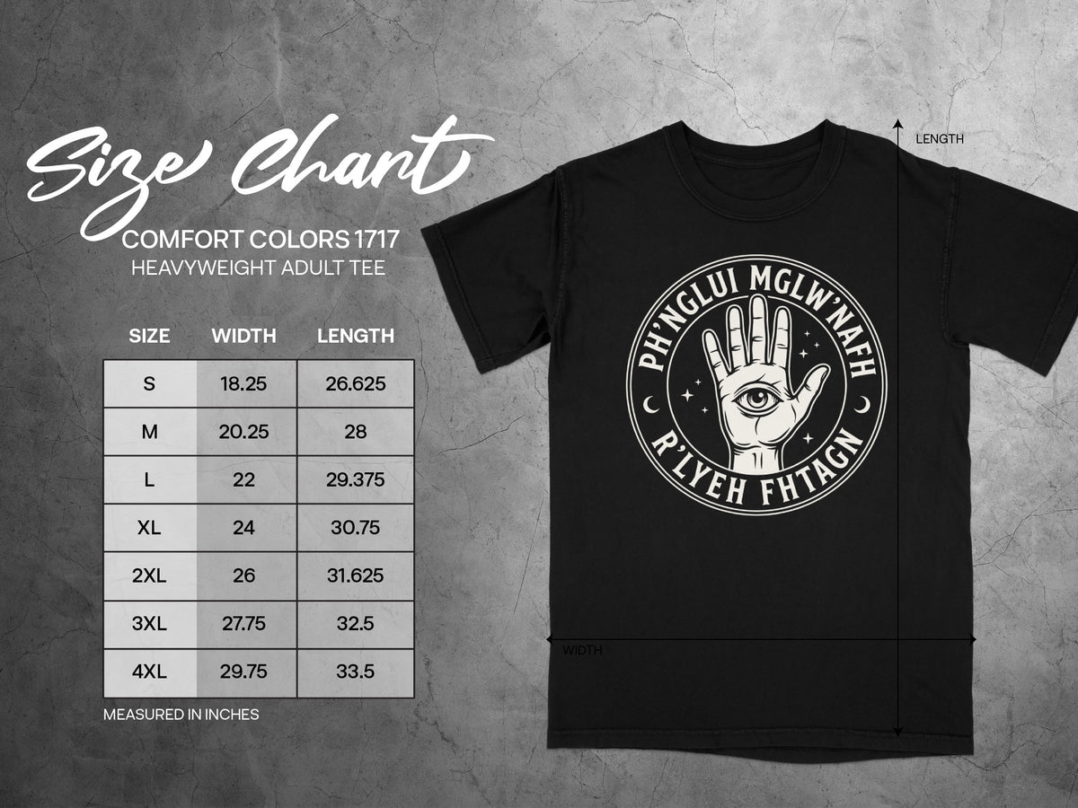 Comfort Colors 1717 heavyweight adult tee size chart with width and length in inches.