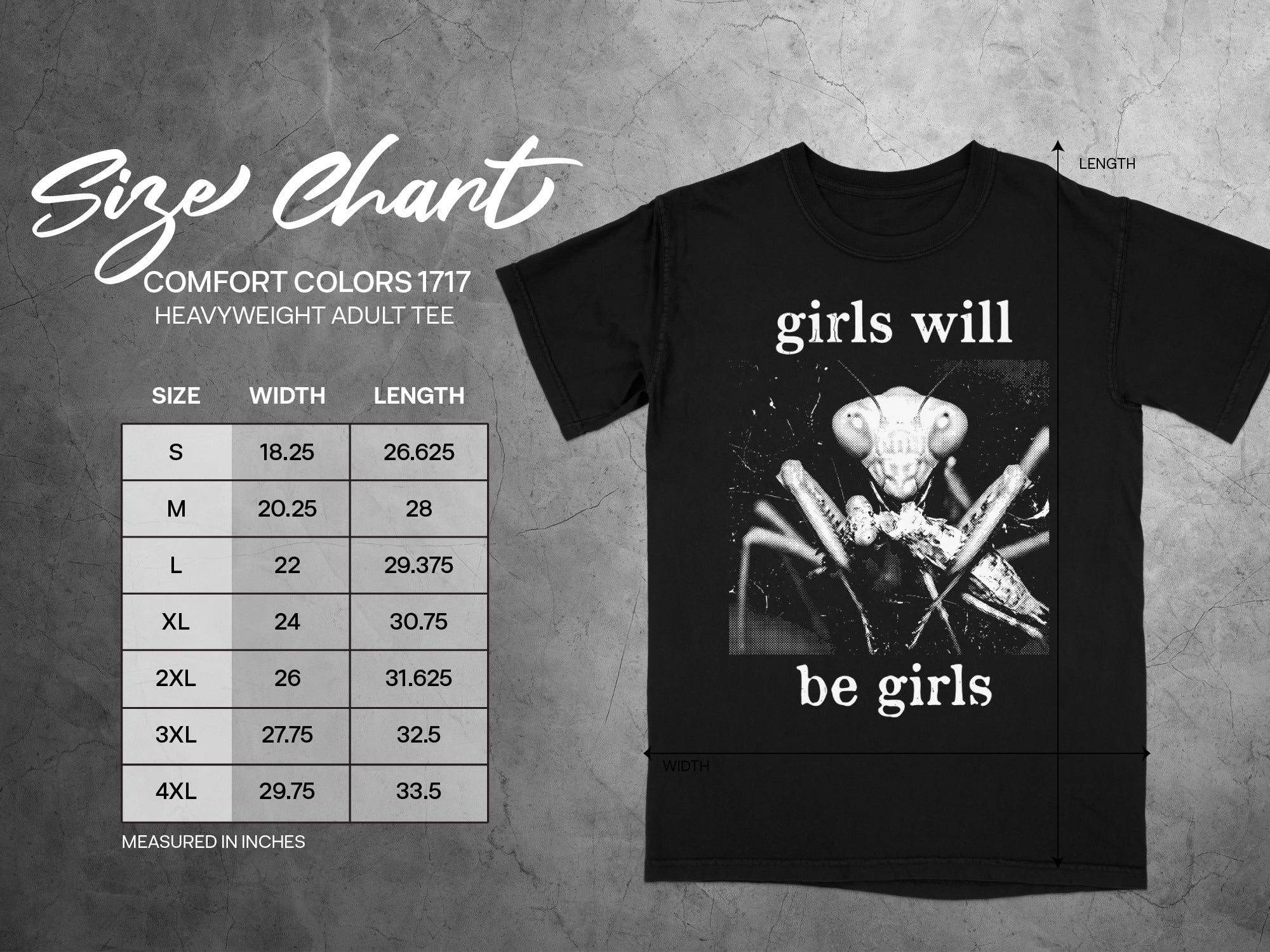 Black t-shirt with "girls will be girls" text and praying mantis graphic. Includes size chart.