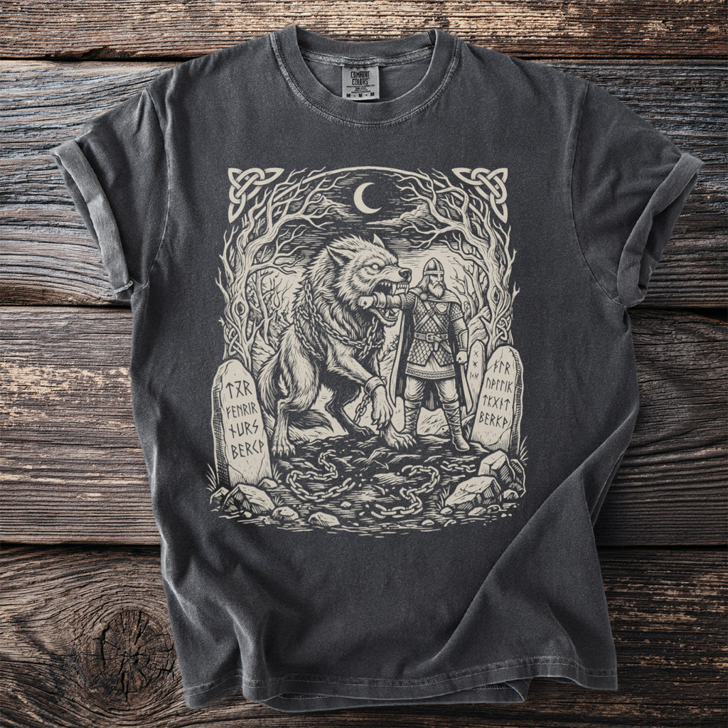 T-shirt with Viking illustration of a wolf and a warrior with runes on tombstones.