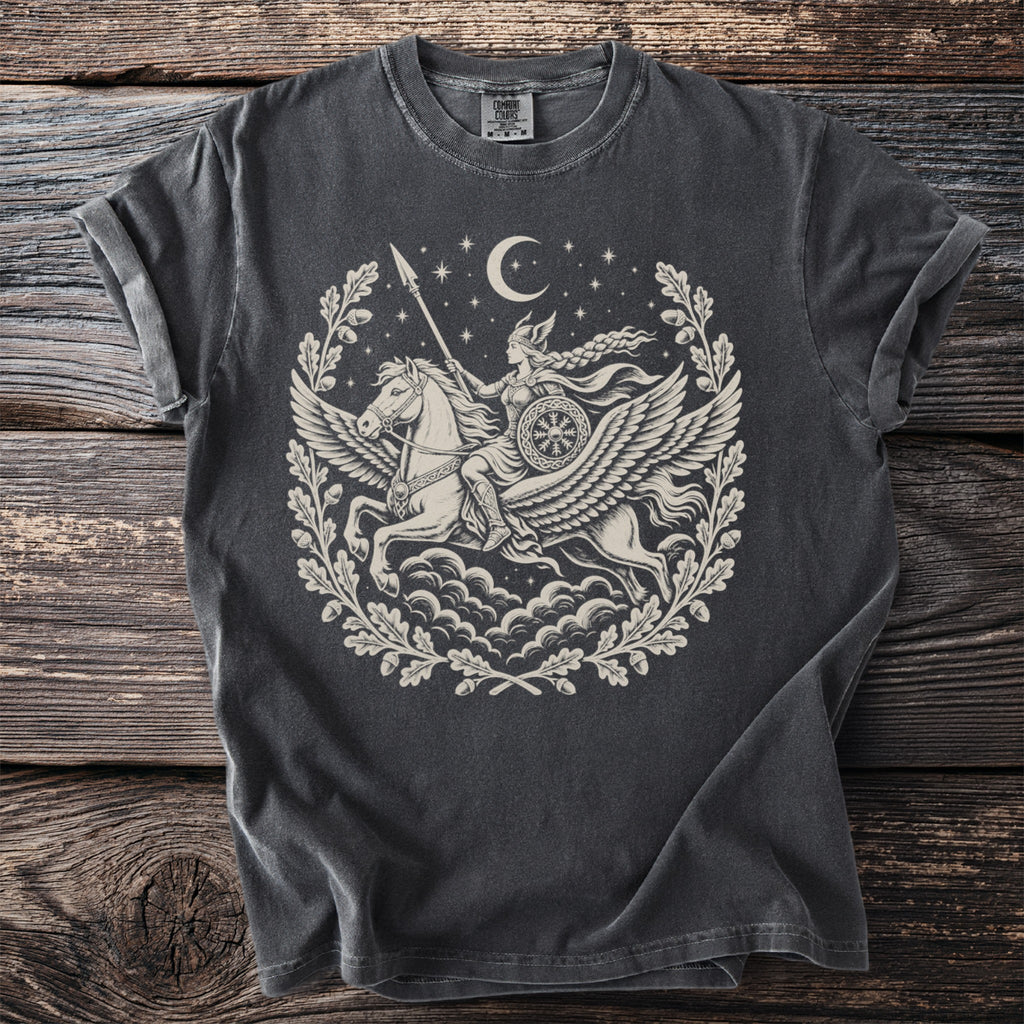 Dark gray t-shirt with Valkyrie on a winged horse, moon, and oak wreath.