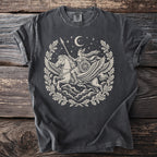 Dark gray t-shirt with Valkyrie on a winged horse, moon, and oak wreath.