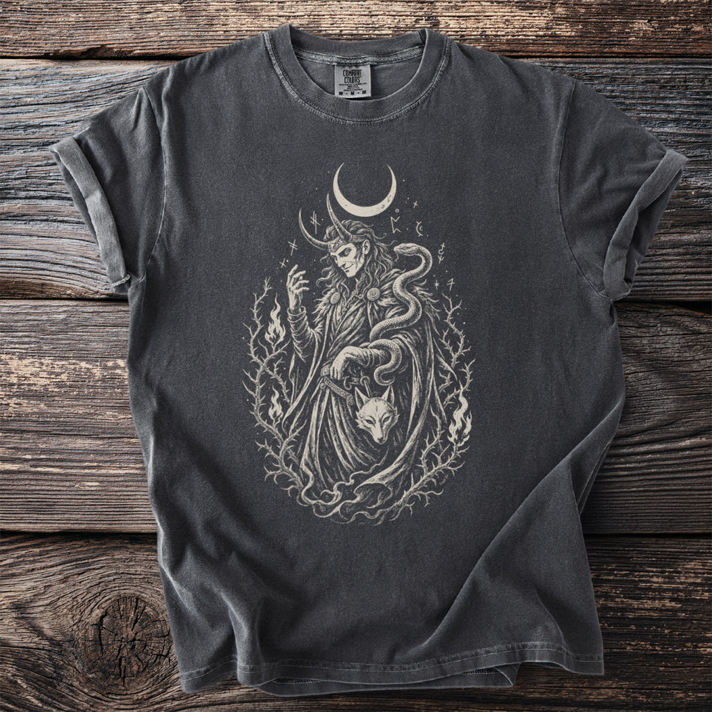 Dark t-shirt featuring a Norse-inspired illustration with a horned figure, snake, and wolf.