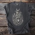 Dark gray t-shirt showing Loki with a serpent, fox, moon, and vine circle.