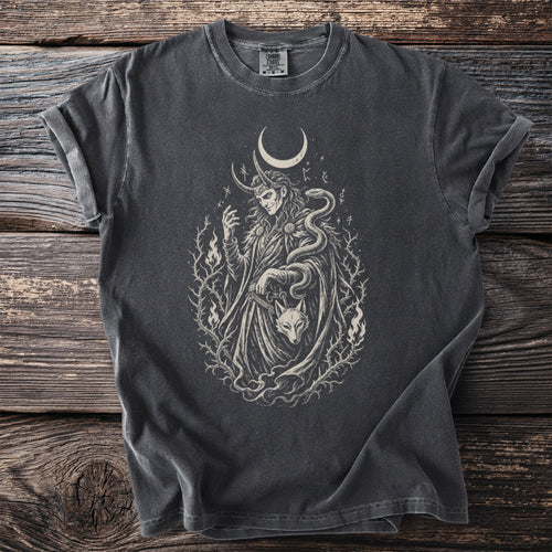 Dark t-shirt featuring a Norse-inspired illustration with a horned figure, snake, and wolf.