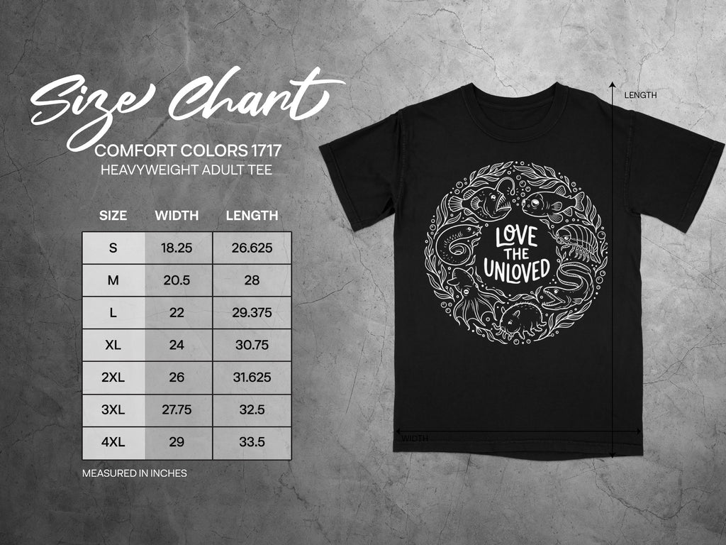 Comfort Colors 1717 garment size chart in inches.