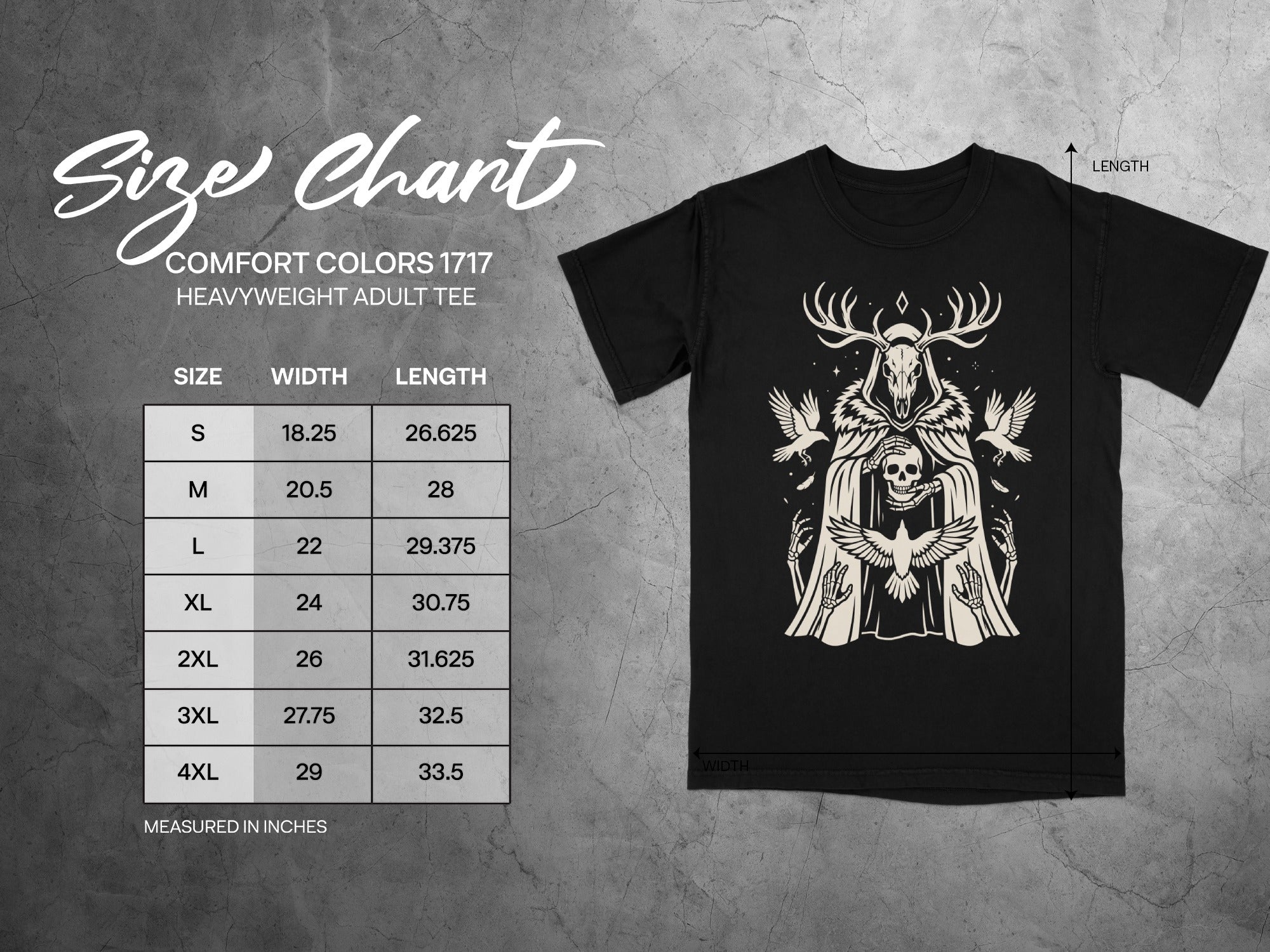 Comfort Colors 1717 heavyweight adult tee size chart with width and length measurements in inches.