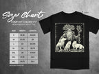 Black t-shirt with size chart and ancient figure with wolves graphic.