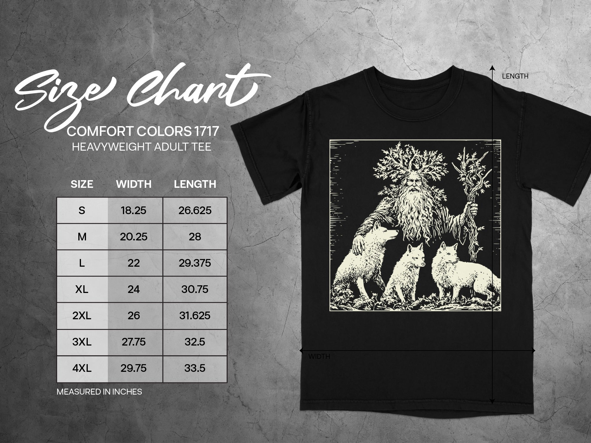 Black t-shirt with size chart and ancient figure with wolves graphic.