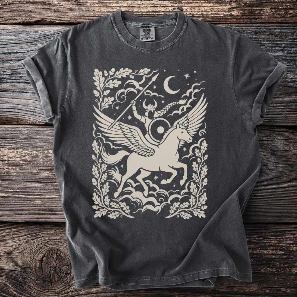 Dark grey t-shirt with a cream graphic of a winged horse and rider.